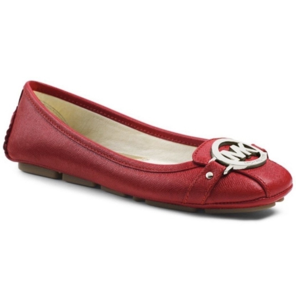 MICHAEL KORS FULTON RED SCARLET RED SAFFIANO MK SILVER LOGO FLATS‎  Sz-6